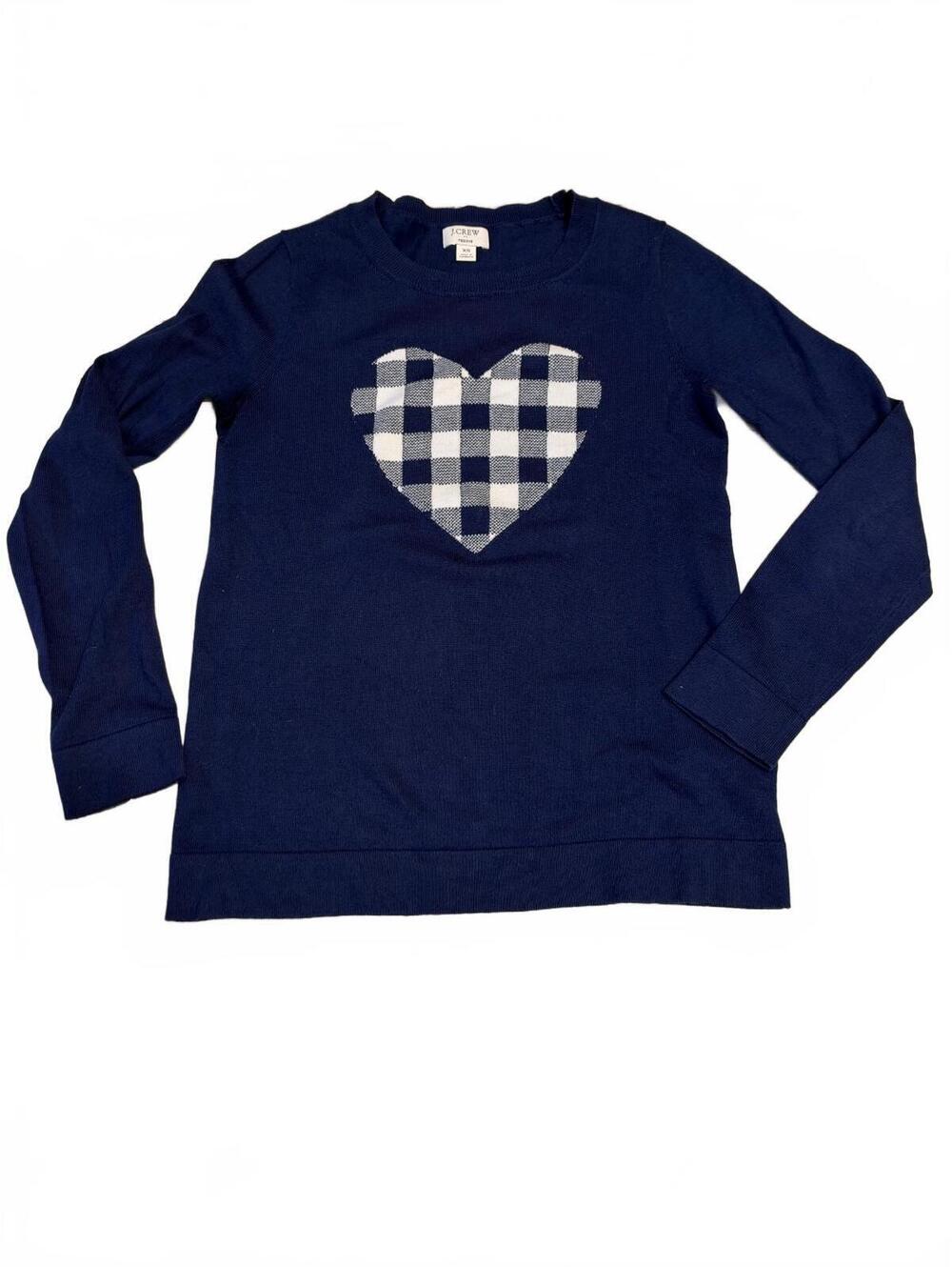 J.Crew Teddie XS Navy Blue Cotton Sweater with Checkered Heart Patch